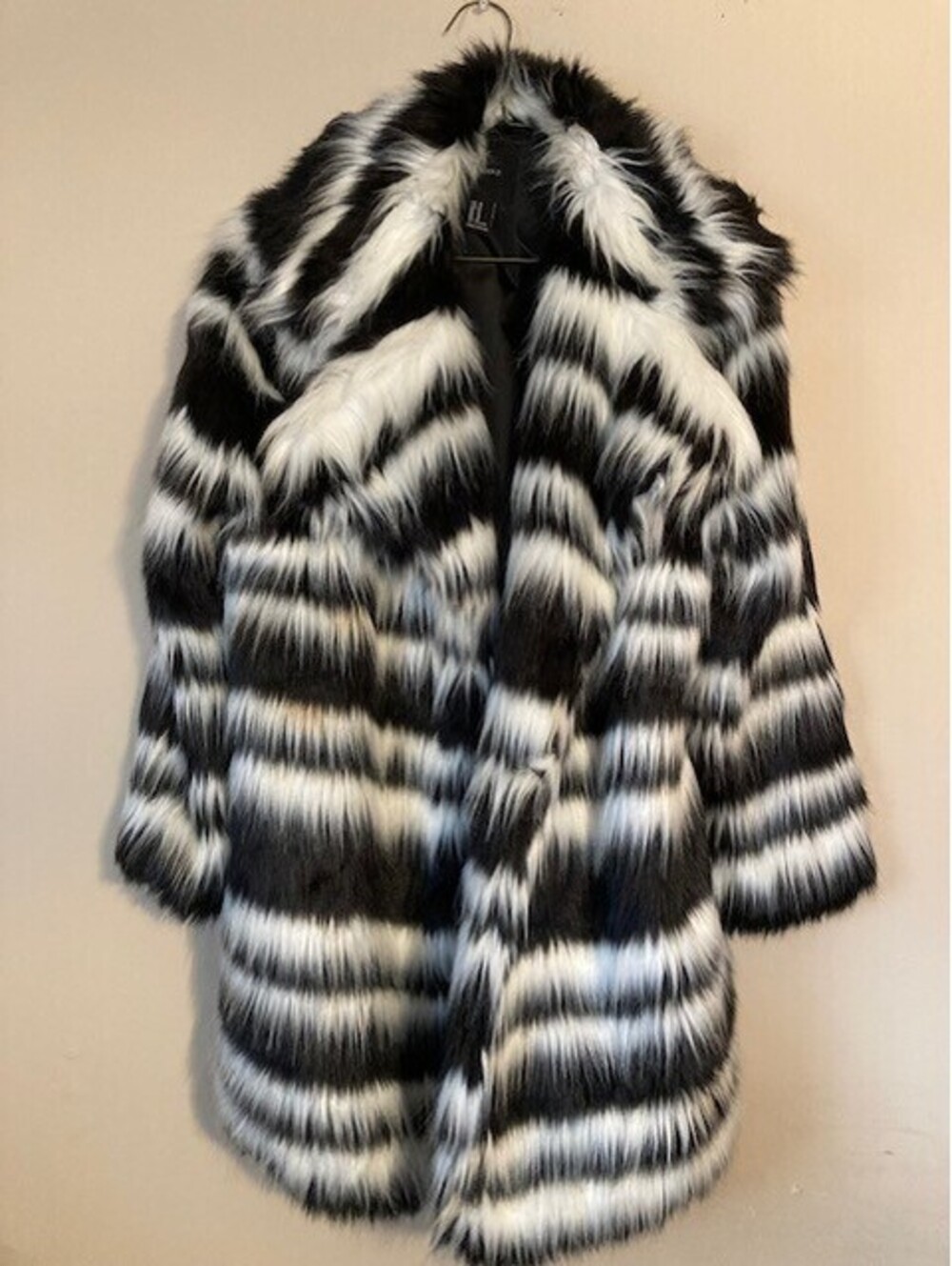 Vintage FOREVER 21 Women's Black/White Faux Fur Open-Front Coat - M - UK IMPORT